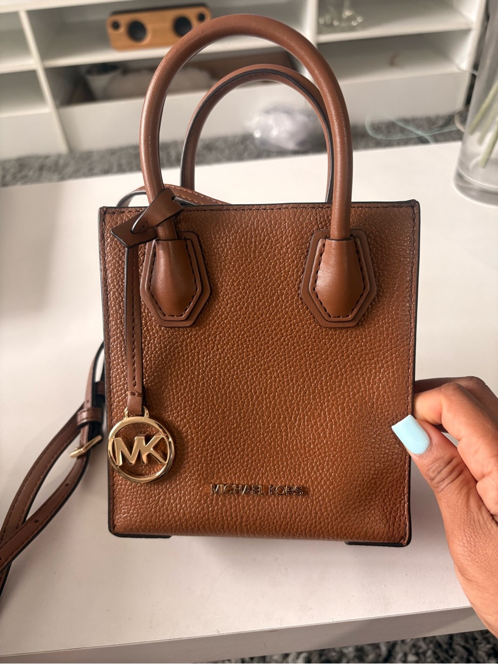 Michael Kors Chestnut Brown Pebbled Leather Mini Tote with Gold MK Charm